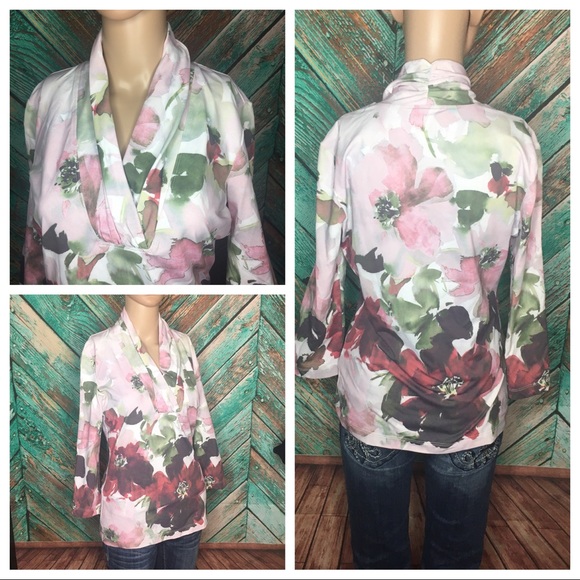 St. John Floral Ruched Collar Nylon Blend Blouse - Picture 2 of 5